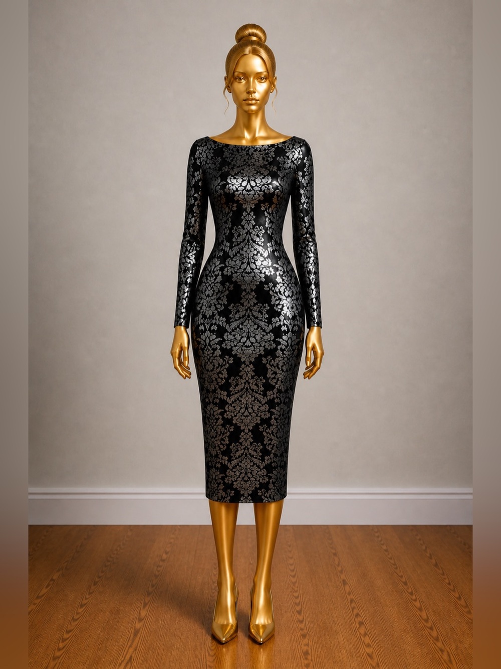 Boohoo Metallic Bandeau Mini Dress – Black & Silver Damask Pattern Fitted size 4